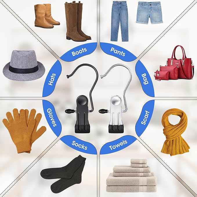 48 Pack Boot Hangers Clips for Closet, Heavy Duty Legging Organizer for Closet Hanging Pants Hangers with Clips Clothes Pins Hanger Clips Laundry Hooks Towel Socks Hats Tall Boots Home Travel Black