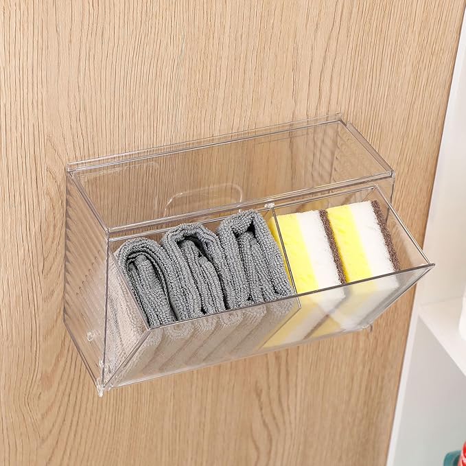 2 Pack Clear Dishwasher Detergent Pod Holder for Under Sink, Adhesive Cabinet Door Storage and Organizer for Kitchen and Bathroom, Plastic Laundry Pods Dispenser Box