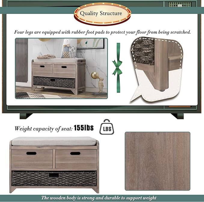 SOFTSEA Storage Bench for Entryway, Upholstered Storage Ottoman with Removable Basket and 2 Drawers, Farmhouse Shoe Bench with Seat Cushion for Entryway, Living Room, Full Assembled, White Wash