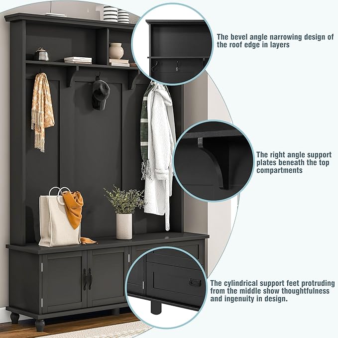 80.3” Tall Hall Tree with Cabinet and 2 Large Drawers, Modern Wooden Coat Hanger with 5 Coat Hooks and 2 Open Shelfs, Storage Bench, Entryway Bench (Black-Storage Cabinet)