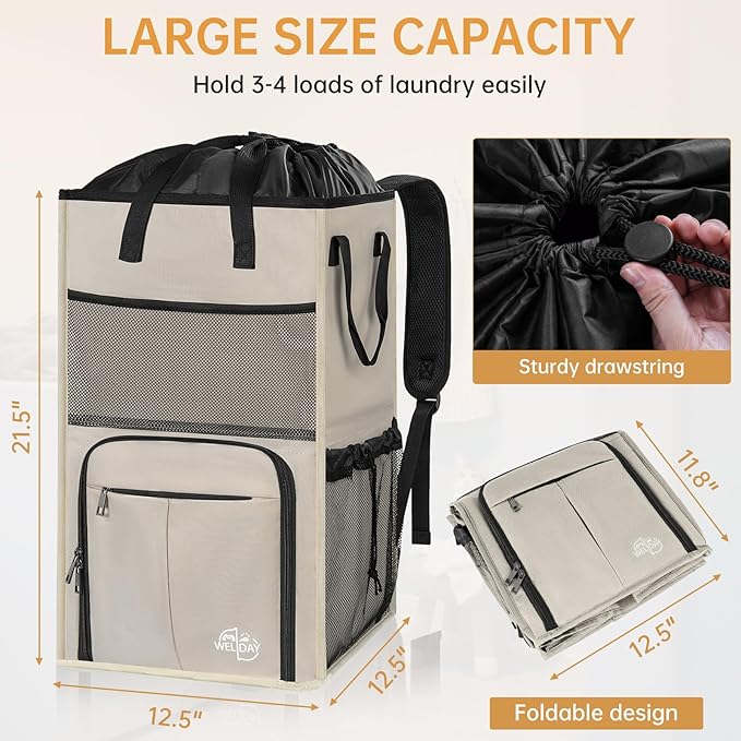 Laundry Backpack Bag,(Only Bag) Extra Large 2 in 1 Laundry Hamper Basket with Shoulder Straps, Freestanding Laundry Bag for College Dorm, Laundromat, Apartment