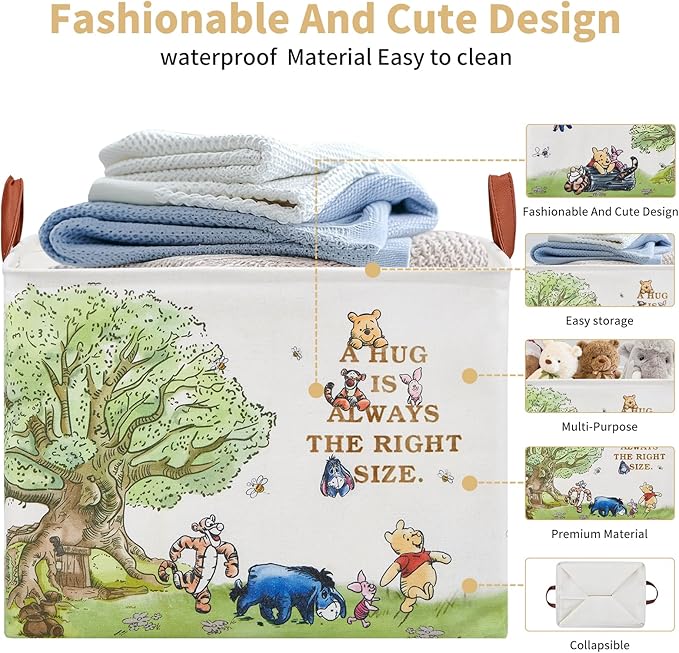 Bear Nursery Decor Storage Basket Foldable With Waterproof PE Coating, Square Large Canvas Laundry Hamper,Diaper Bag Baskets for Kids,Boys and Girls, Bathroom, Bedroom, Clothes,Toy Bin（White）