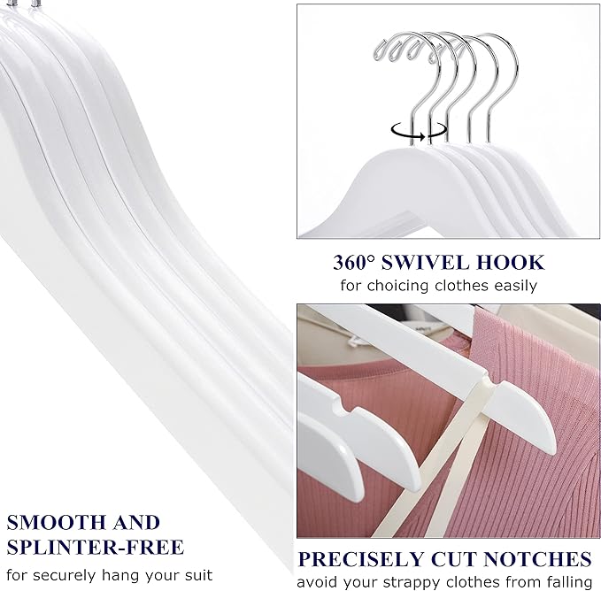 Amber Home 24 Pack White Wooden Hangers, White Wood Shirt Hangers with Notches for Dress, Clothes Hangers for Jacket, Coat, Bridal