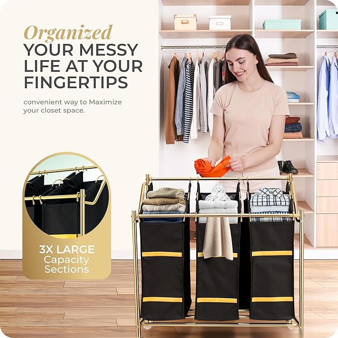 LUXURY STYLE Laundry Hamper, 3-Section Rolling Laundry Sorter Cart with Wheels, Modern Golden Hamper with 3 Bags for Clothes, Toys, and Towels