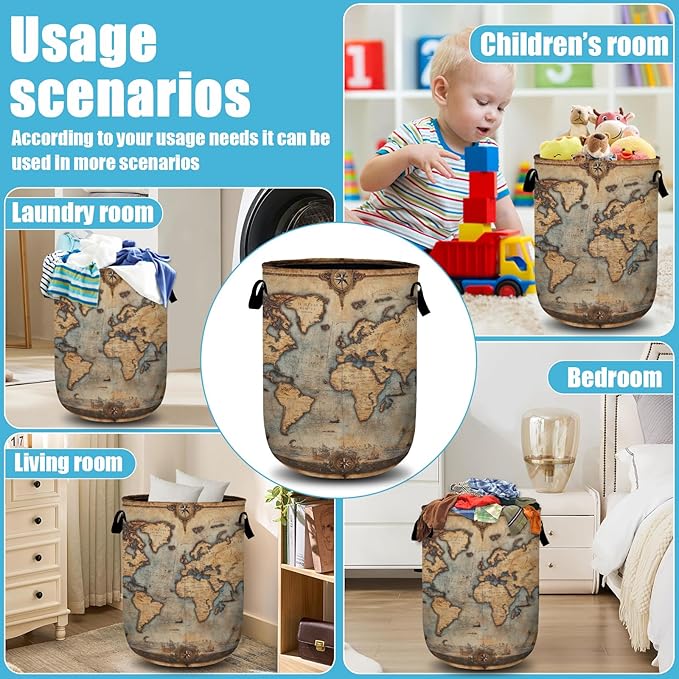 Antique World Map Laundry Basket, Laundry Hamper Collapsible Oxford Cloth with Handle Clothes Toy Storage Bin for Bathroom Laundry Room Bedroom 15.7 X 20 Inch