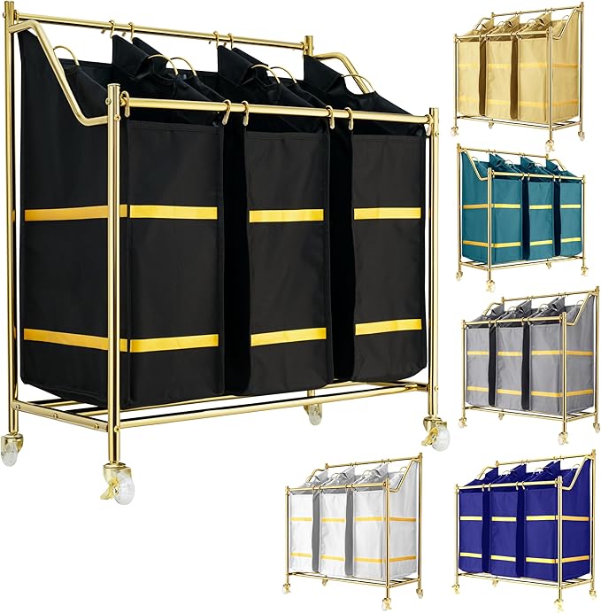 LUXURY STYLE Laundry Hamper, 3-Section Rolling Laundry Sorter Cart with Wheels, Modern Golden Hamper with 3 Bags for Clothes, Toys, and Towels