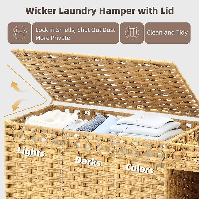 Laundry Hamper with Lid, 160L Rattan Wicker Laundry Basket with Wheels, Handwoven Laundry Hamper 3-Section with Storage shelf(42.3 Gal), Laundry Sorter Basket with Removable Liner, Natural HLH033N