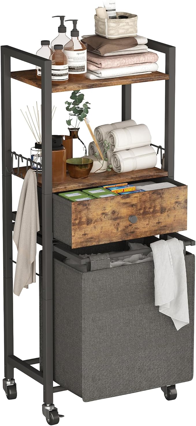 2 Tiers Laundry Hamper with Fabric Drawer and 2 Wooden Shelves, Laundry Basket with Removable Bag and 8 Storage Hooks, Laundry Sort with Divided Bag for Laundry Room, Bathroom, Bedroom, Dorm