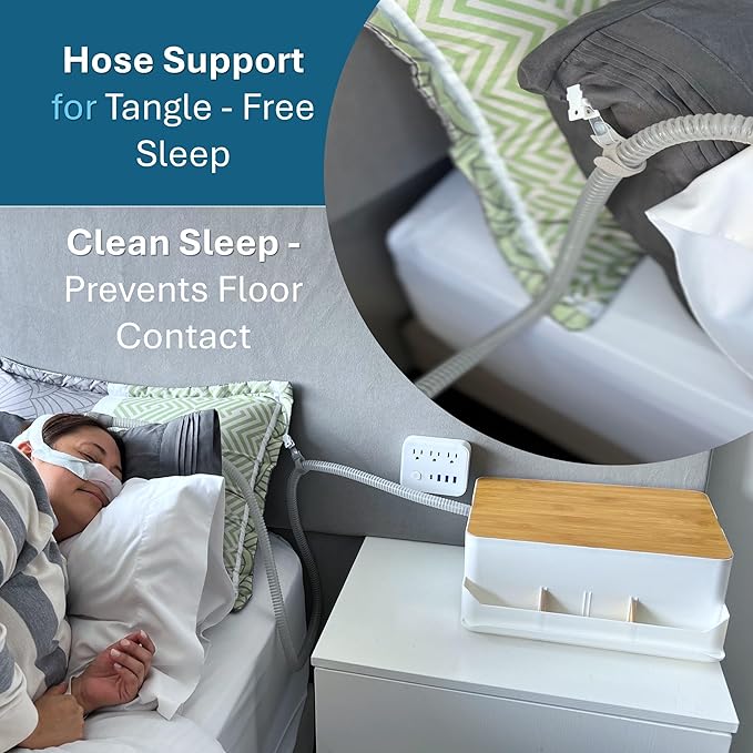 Maximun CPAP Bedside Organizer & Storage Box - Compatible With ResMed AirSense 11/10 Philips DreamStation, Sleep Apnea Machine Protector with Dual Hose Ports, Cable Management - White