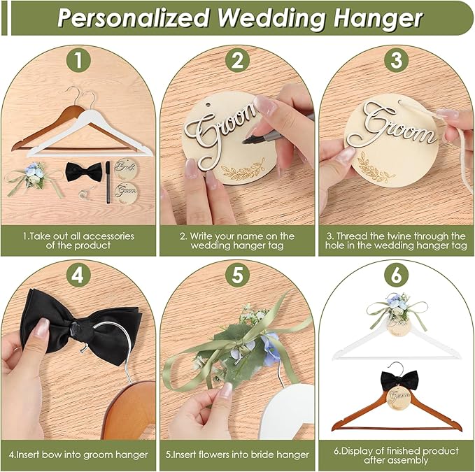Bride & Groom Hanger - 2 Pack Personalized Name Tags, Dark & White Wood Bridal Dress Hanger, Ideal Keepsake for Wedding Day Photos & Gift