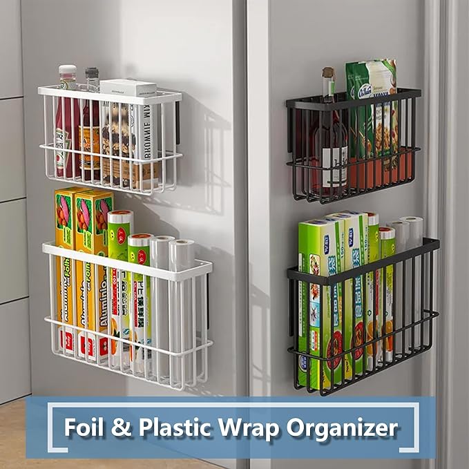 Magnetic Basket Kitchen Refrigerator Organizer Foil and Plastic Wrap Organizer for Fridge Heavy Duty Metal Storage (10.25" L x 3.2" W x 6" H, White)