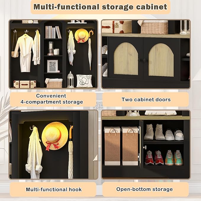77''H Hall Tree with Curved Design, Multi-functional Coat Rack with Shoe Racks, Clothes Hangers, Hooks, Double-Layer Storage Cabinets and Open Storage Space for Hallway, Living Room (Black+Natural)