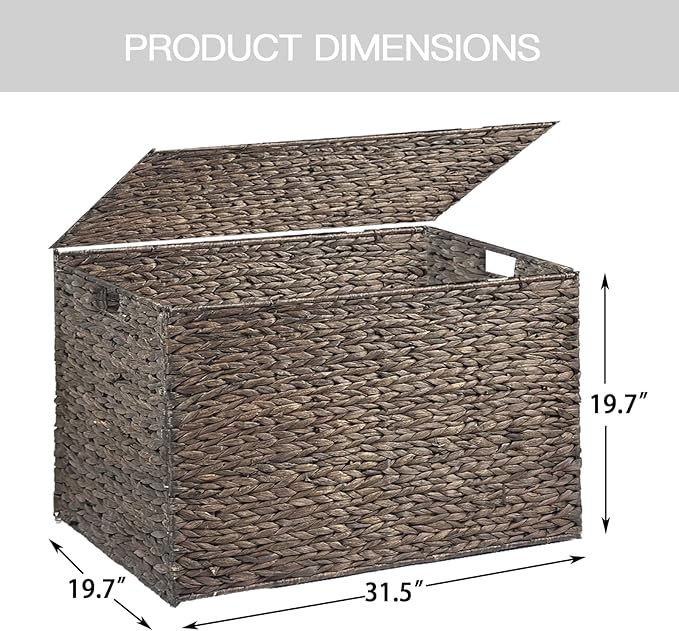 Water Hyacinth Storage Basket with Lid, 52.8 Gallon (200L) Wicker Storage Trunk with Handles, Handwoven Large Wicker Storage Basket for Blanket, Foldable, for Living Room, Bedroom, Brown