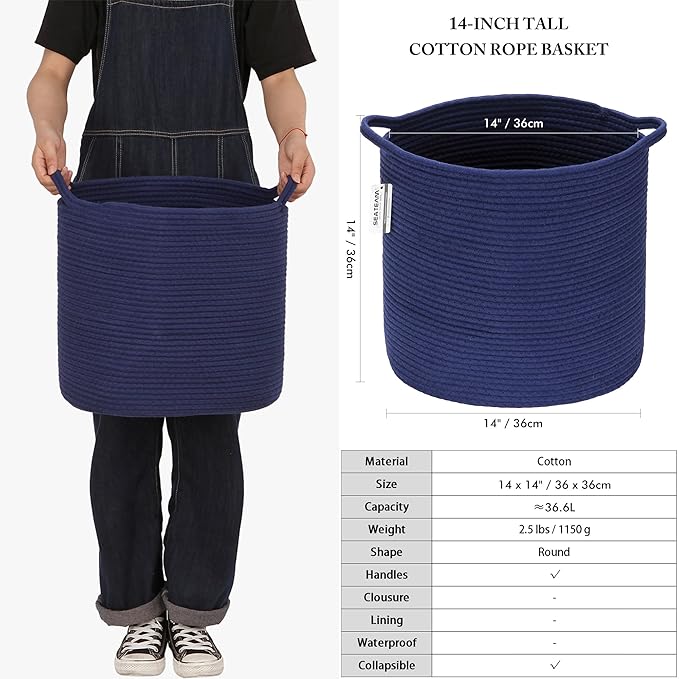 Sea Team Medium Size Cotton Rope Woven Storage Basket with Handles, Laundry Hamper, Trunk Organizer, Clothes Toys Bin for Kid's Room, 14 x 14 inches, Round Open Design, Dark Blue