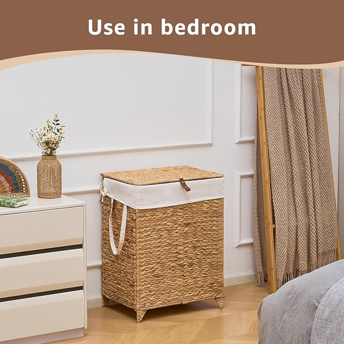 Handwoven Laundry Hamper with Lid, Natural Hyacinth Heightened Feet Laundry Basket, Wicker Clothes Hamper with Removable Liner Bag (Natural-A, 90L)