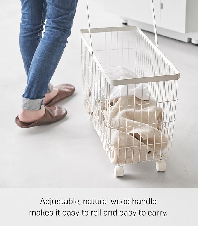 Yamazaki Home Tosca Compact Rolling Laundry Basket Cart - Metal Hamper With Wheels And Handle For Easy Mobility - Space-Saving Storage Solution, 15" - Steel + Wood - 9.2 Gallons, 35L