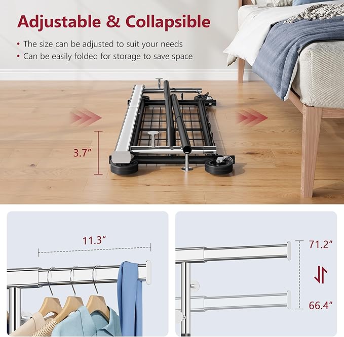 Tajsoon Clothes Rack Heavy Duty Load 350 LBS, 73.8' Extendable & Adjustable Foldable Clothing Rack for Hanging Clothes, Garment Rack with Lockable Wheels for Bedroom, Laundry Room, Black