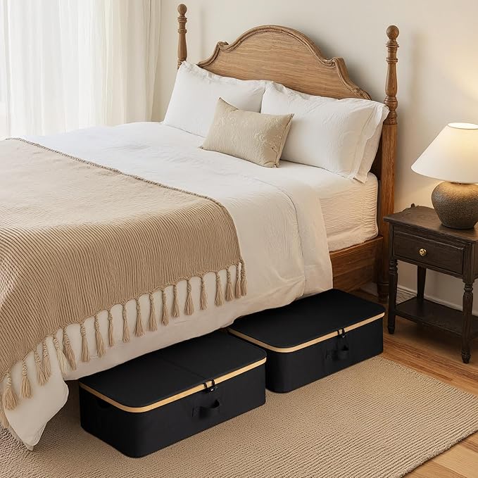 StorageWorks 2-Pack Underbed Storage Box with Bamboo Frame, 42L Flip-Top Under Bed Container for Blankets, Bed Sheets, Coverlets and Towels, Black