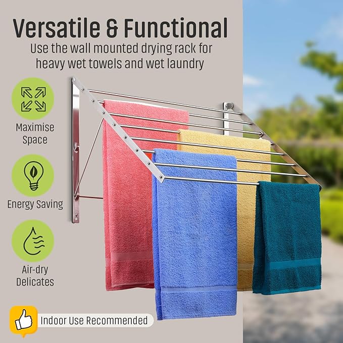Smartsome | Wall Mounted | Clothes Drying Rack| 22" Wide |15 Linear Feet Capacity | 8 Smooth Round Stainless Steel Rods | 60 lb Capacity | Fully Assembled | Compact Sturdy Space-Saving Design