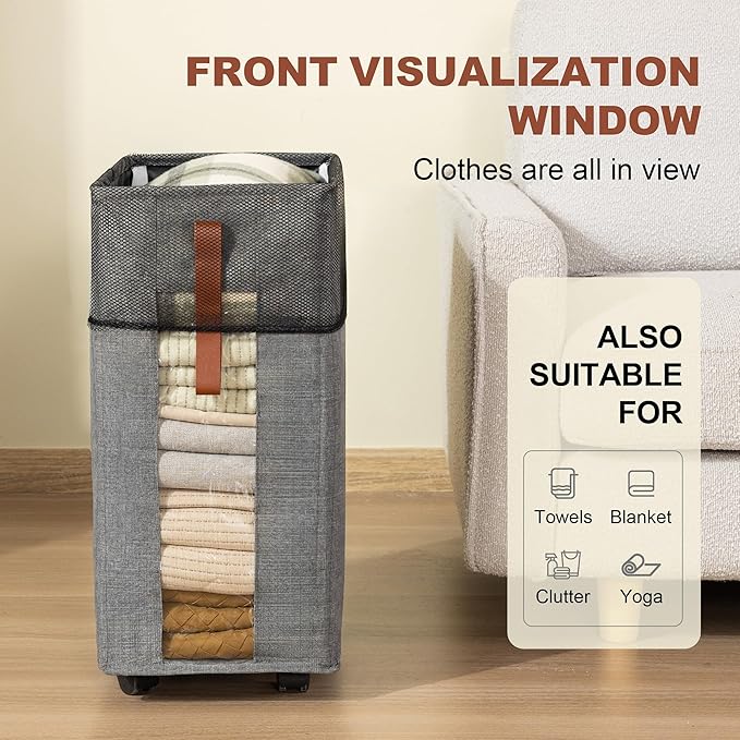 Laundry Hamper with Wheels Rolling Laundry Basket with Visible Clear Window Collapsible Dirty Clothes Hampers for Laundry Room Bedroom Dorm RV,Lightgray