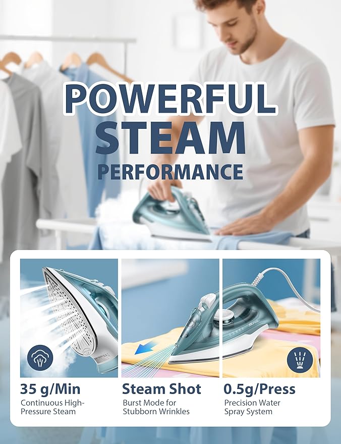 Steam Iron for Clothes Rapid Heating, 1500W Iron with Non-Stick Ceramic Soleplate, 3-Way Auto-Off, Burst of Steam, Self-Cleaning, 11.84oz Water Tank Ironing Clothes for Home