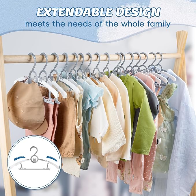 Baby Hangers for Closet Adjustable, Extendable & Stackable Kids Hangers, 11~14inch Non-Slip Plastic Kid Hangeres, Toddler Hangeres for Infant Baby Toddler Children Nursery Teen, Gray, 60PCS