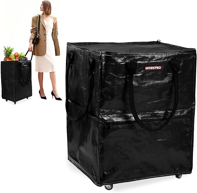 WORKPRO Medium Reusable Grocery Bag on Wheels, Heavy Duty Rolling Shopping Tote with Handle, Folding Trolley on 4 Caster Wheels for Groceries, Laundry, Camping, Moving