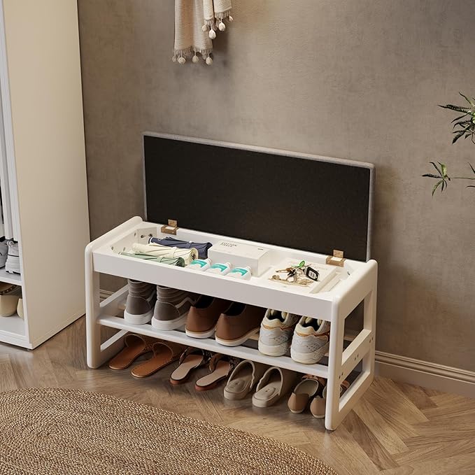 AQIMUELE Shoe Rack Bench,2 Tiers Shoe Bench with Storage with Flip-Top,Wood Shoe Rack for Entryway,Hallway（White Upholstered Seat）