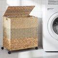 120 L Rolling Wicker Laundry Basket with Wheels Laundry Hamper with Lid Decorative Woven Hamper with Washable Removable Liner Bags and Handles for Clothes Natural Water Hyacinth (2 Sections)