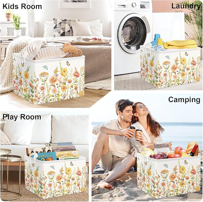 Colourful Flowers Laundry Hamper Large Storage Basket Floral Collapsible Adult Organizer Kids Toy Clothes Bins for Bedroom, Bathroom, Boho Plants, 36L