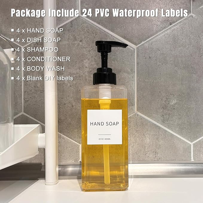 Clear Soap Dispenser with Waterproof Labels, Thickened Plastic Hand Soap Dispenser for Bathroom, Kitchen Dish Washing Liquid Bottles, Shampoo and Conditioner Bottles with Funnel (22oz 4Pack Clear)