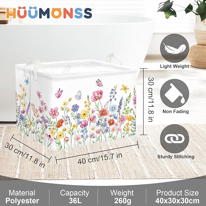 Colourful Flowers Laundry Hamper Large Storage Basket Floral Collapsible Adult Organizer Kids Clothes Toys Bins for Bedroom, Bathroom, Pinkish Purple, 36L