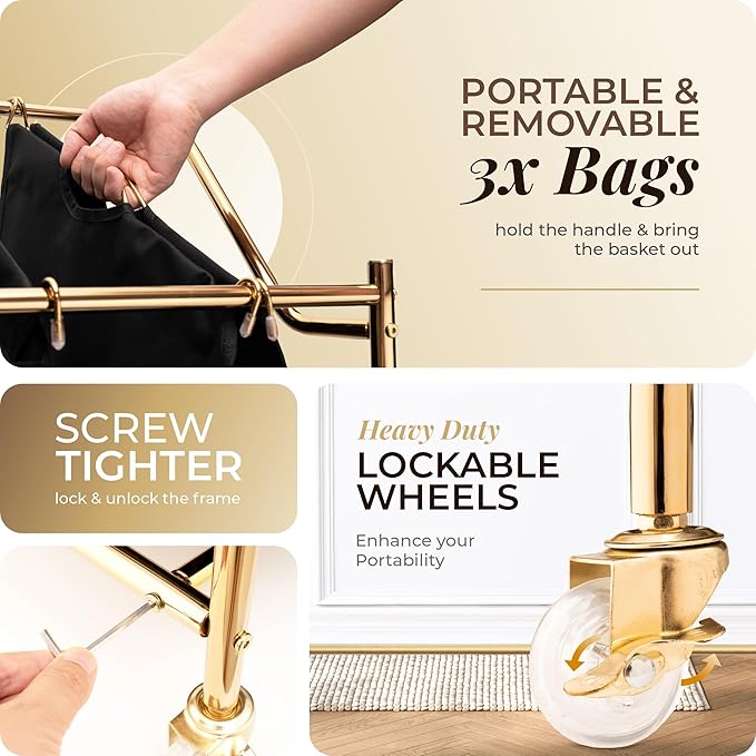 LUXURY STYLE Laundry Hamper, 3-Section Rolling Laundry Sorter Cart with Wheels, Modern Golden Hamper with 3 Bags for Clothes, Toys, and Towels