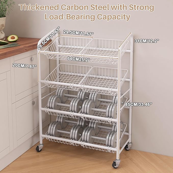 UMDONX Fruit Basket Storage Cart with 8 Baskets and Wheels – Rolling Metal Kitchen Organizer for Fruits, Vegetables, Snacks & Pantry – Space-Saving Multi-Purpose Storage Rack for Home & Apartment