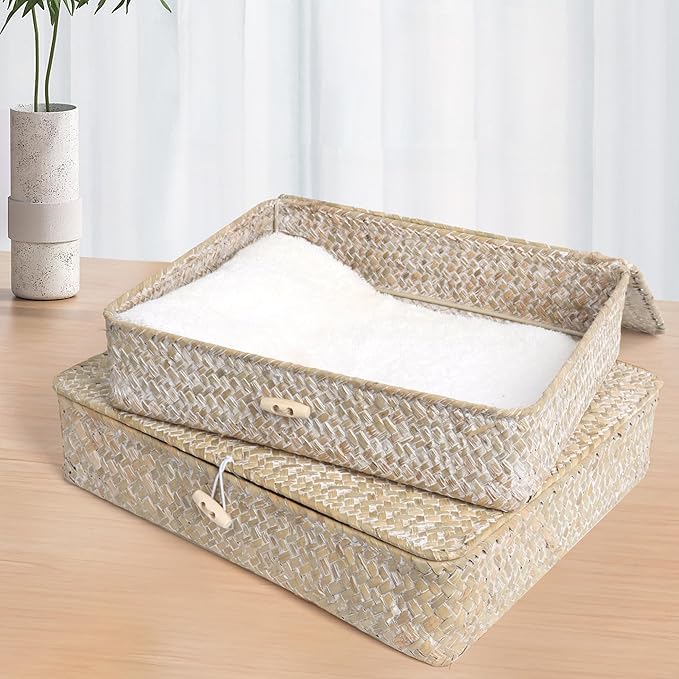 Flat Wicker Shelf Baskets with Lid, Seagrass Woven Basket Boxes for Storage Basket Bins Multipurpose Home Decor Organizer (Whitewash Set of 2)