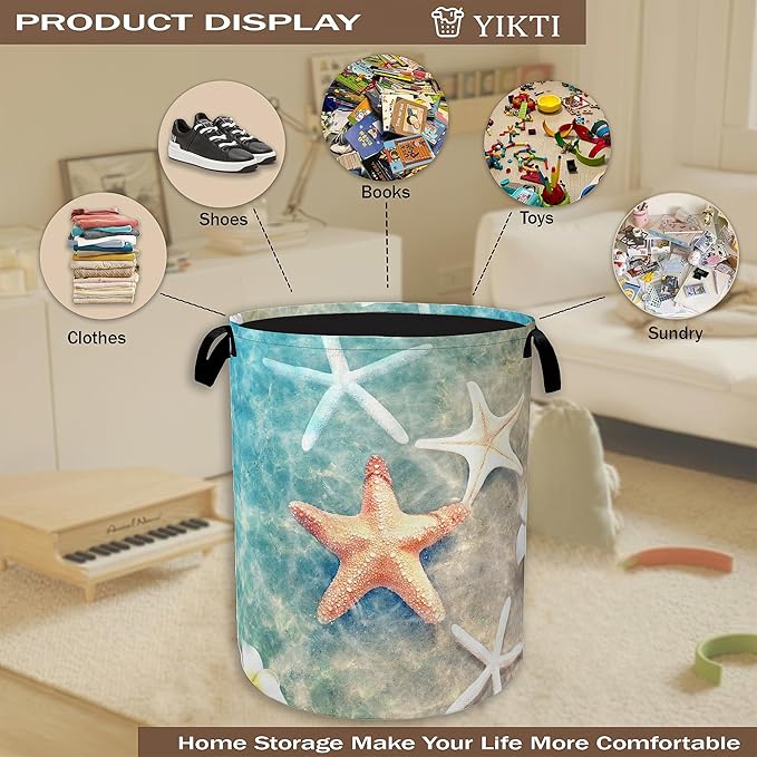 Laundry Hamper,Sea Starfish Laundry Basket,Beach Flowers Portable Collapsible Laundry Room Organization Storage for Dorm Room,Nursery,Bathroom,Bedroom,16x20 Inch