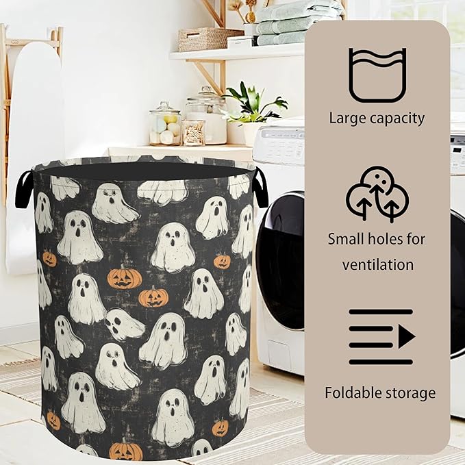 Halloween Ghost Pumpkin Large Clothes Hamper Bag - Laundry Basket with Handles, Space Saving Foldable Design for Nursery