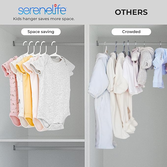 SereneLife 60 Pack Plastic Kids Hangers – Non-Slip Baby Hangers for Closet, Space-Saving Thin Design for Organizing Clothes, Infant, Toddler, and Newborn Clothing (White)