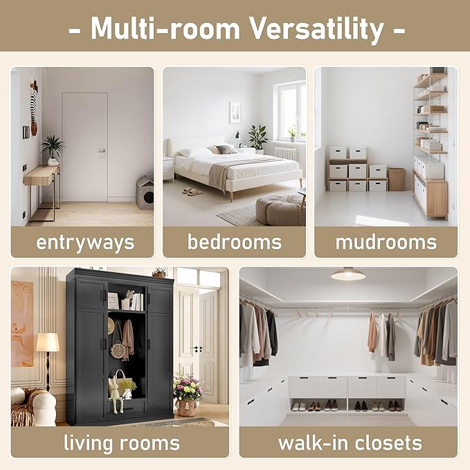 85.2''H Hall Tree with Bench and 3 Hooks, Modern Large Hall Tree with 5 Drawers and Adjustable Shelves, Entryway Storage Organizer Cabinet with 4 Doors for Hallway, Living Room (Black/509)