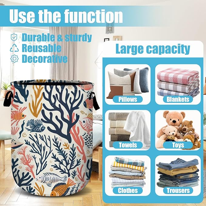 Corals and Tropical Fish Laundry Basket, Laundry Hamper Collapsible Oxford Cloth with Handle Clothes Toy Storage Bin for Bathroom Laundry Room Bedroom 15.7 X 20 Inch