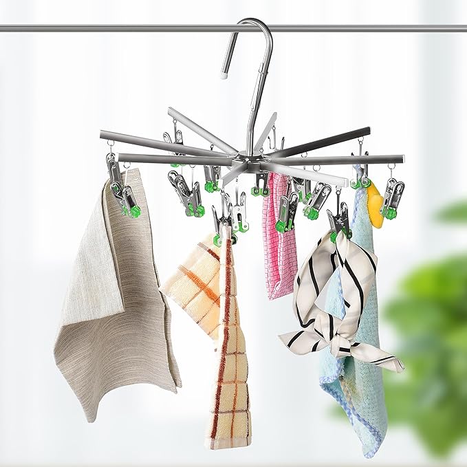 Drying Hanger, Hanging Drying Rack, Drip Hanger Stainless Steel with 16 Pegs for Laundry Underwear Socks, Quickly Remove Clothes from Hanger, Windproof, Folding Portable, (Green)