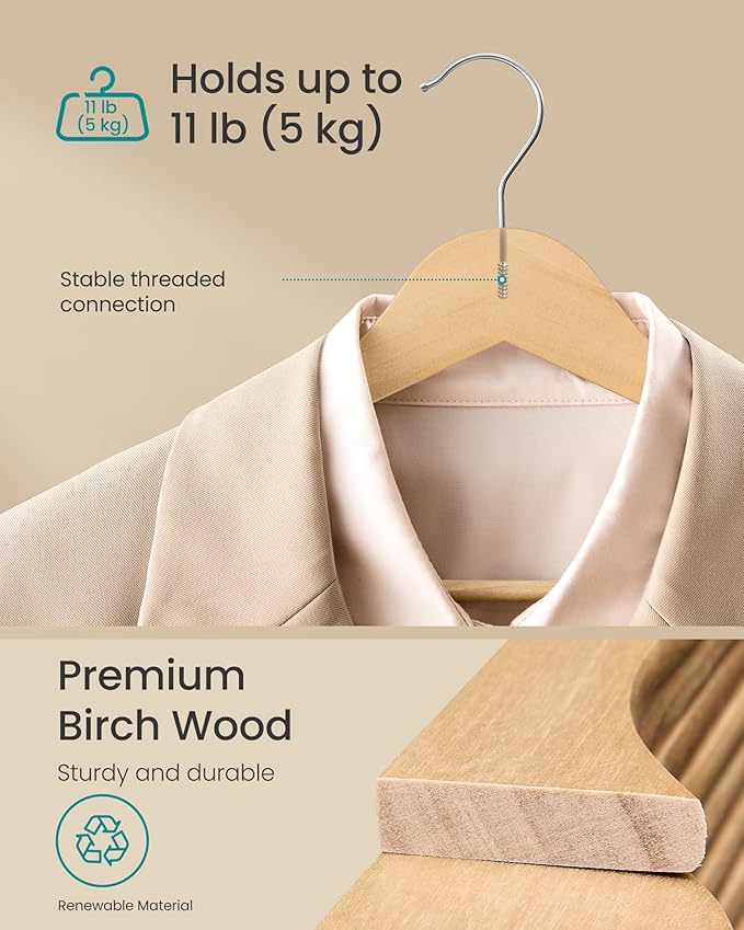 SONGMICS Wooden Hangers, Pack of 20, Coat Hangers, Pants Bar, 360° Swivel Hooks, Solid Birch Wood, 0.3-Inch Thick, Space Saving, for Jackets, Shirts, Coats, Natural Beige UCRW040K01