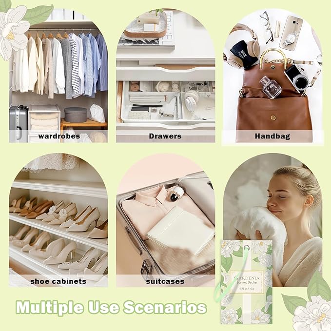 SCENTORINI Scented Sachets for Drawers and Closets, Gardenia Scent 14 Pack, Long-Lasting Sachets Bags, Closet Freshener Sachet for Wardrobe Freshener, Cupboard, Suitcases, Handbags