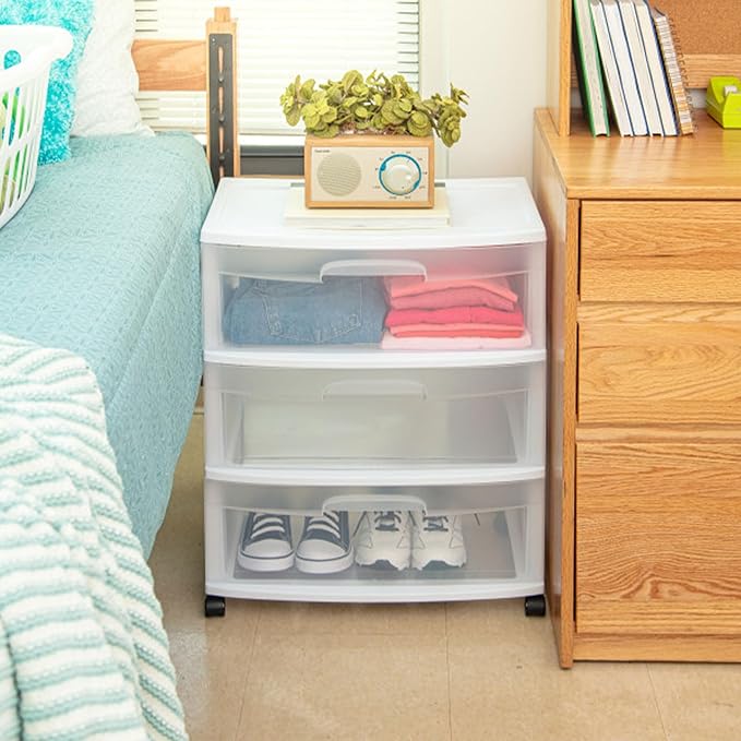 Sterilite Wide 3 Drawer Storage Cart, Plastic Rolling Cart with Wheels to Organize Clothes in Bedroom, Closet, White with Clear Drawers, 4-Pack