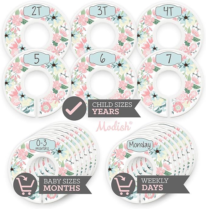 Kids Closet Organizers and Storage, Baby Toddler Child Hanging Clothes Size Dividers: Months & Years, Kids Clothes Organizer, Girl Boho Vintage Blue Floral Baby Nursery and Children Room Décor