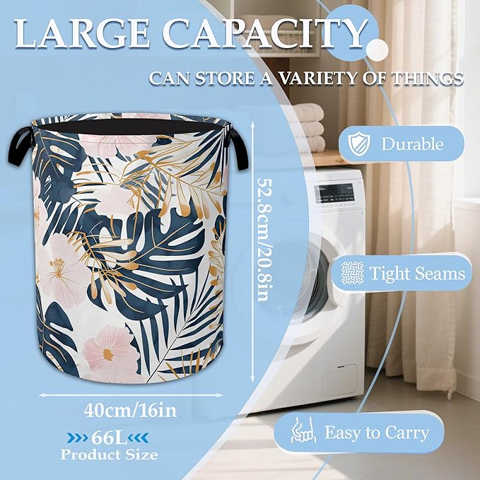 Palm Leaves Flowers Laundry Basket Collapsible Laundry Hamper Clothes Toy Storage Bin for Bathroom Bedroom Room Decor 16" X 20.8"