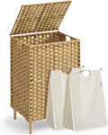 SONGMICS Laundry Hamper with Lid, 29 Gal. (110 L) PE Rattan Laundry Basket with Lid and Handles, Natural Material,Removable Machine Washable Liner, Goose Yellow ULCB222YE01