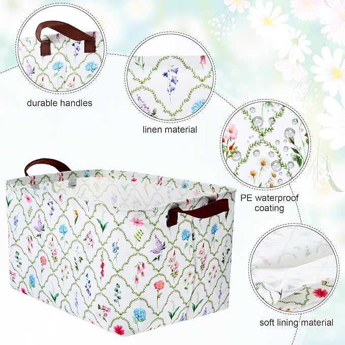 Vesici 6 Pack Large Spring Wildflowers Baskets for Gifts Empty Flower Storage Bins Foldable Floral Storage Basket Rectangular Canvas Boxes with Handle for Books Clothes