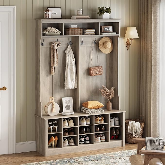 Hall Tree with Bench and Shoe Storage, 53" Farmhouse 4-in-1 Mudroom Storage Organizer with Coat Rack, 6 Hooks, 12 Shoe Cubbies, Adjustable Shelf, for Entryway, Hallway, Living Room, Grey