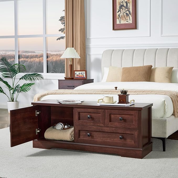 SOOWERY 48 Inch Cherry Wood End of Bed Storage Bench, Farmhouse Bed Bench with Drawers and Cabinet, Rustic Shoe Storage Bench for Entryway, Bedroom, Living Room